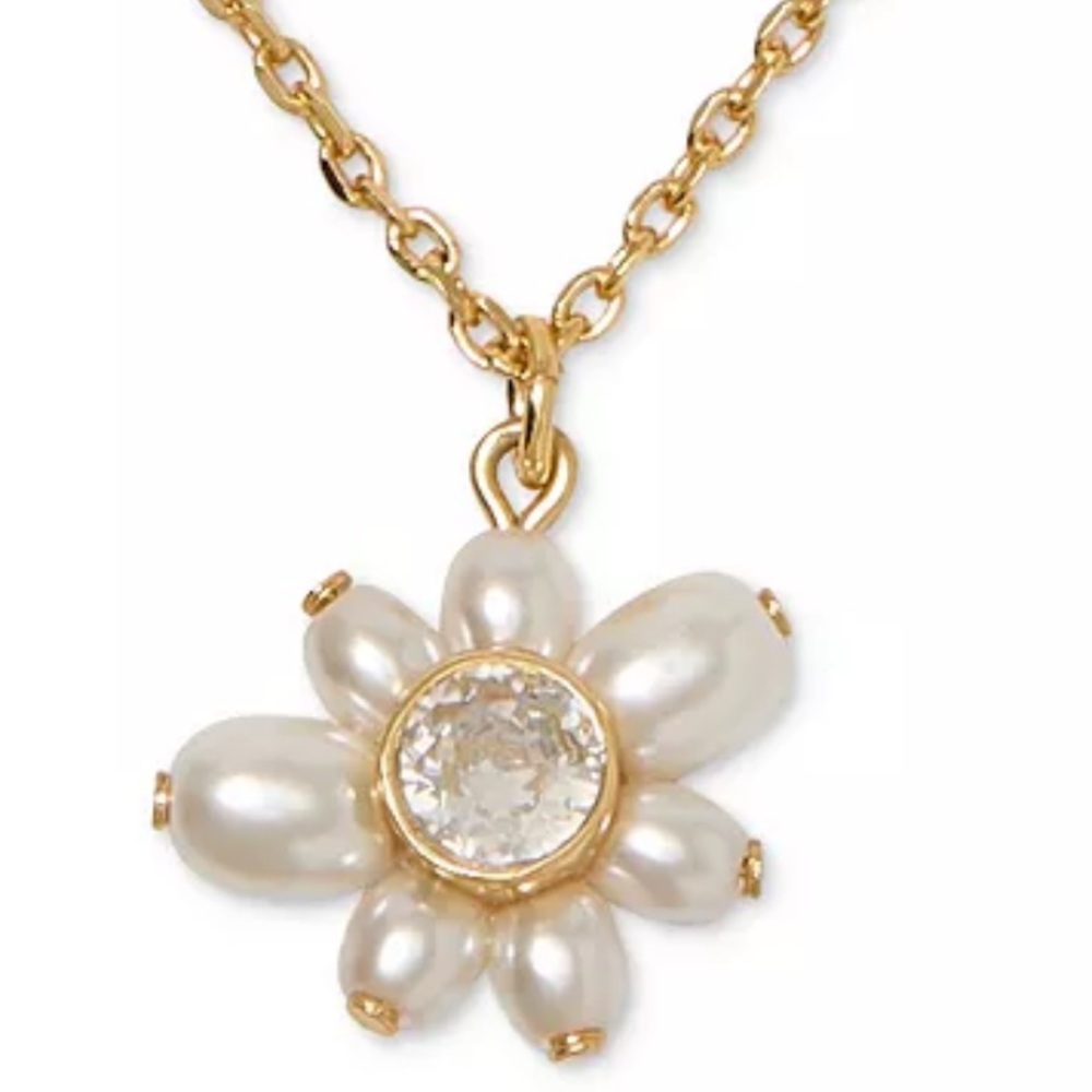 Kate Spade Gold-Tone CZ & Imitation Pearl Flower Pendant Necklace, 16" + 3" NWT - Picture 2 of 5